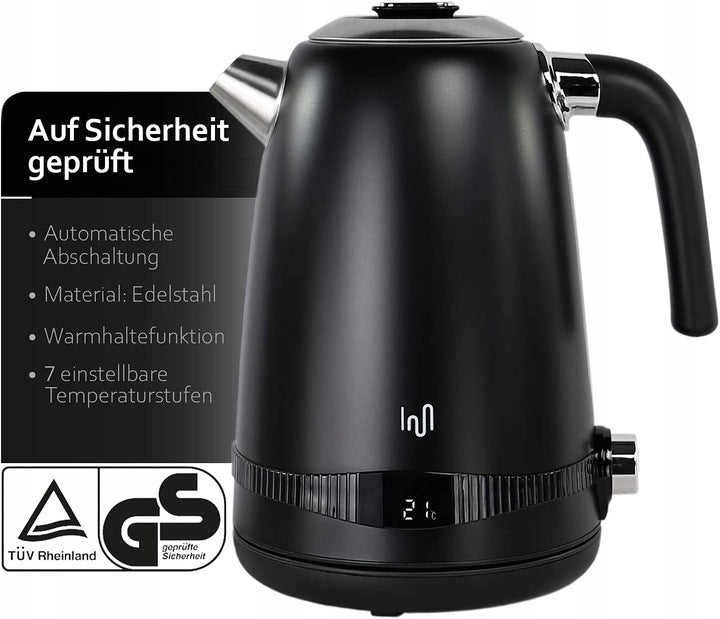 Edelstahl Retro Wasserkocher Vintage Design in Schwarz mit LCD digital Display , 1,7 Liter