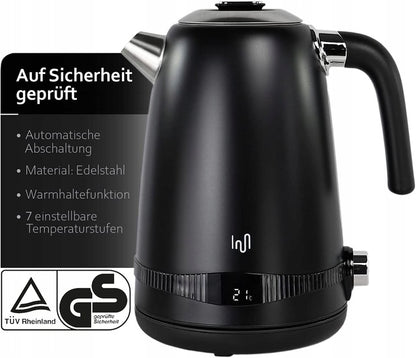 Edelstahl Retro Wasserkocher Vintage Design in Schwarz mit LCD digital Display , 1,7 Liter