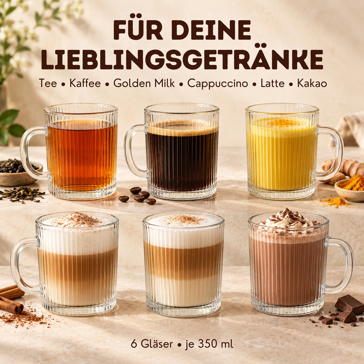 Teegläser 6er Set 350 ml – Geriffelte Glastassen mit Henkel für Glühwein, Kaffee & Tee, Matcha, Ube