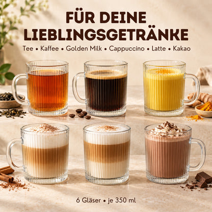 Teegläser 6er Set 350 ml – Geriffelte Glastassen mit Henkel für Glühwein, Kaffee & Tee, Matcha, Ube