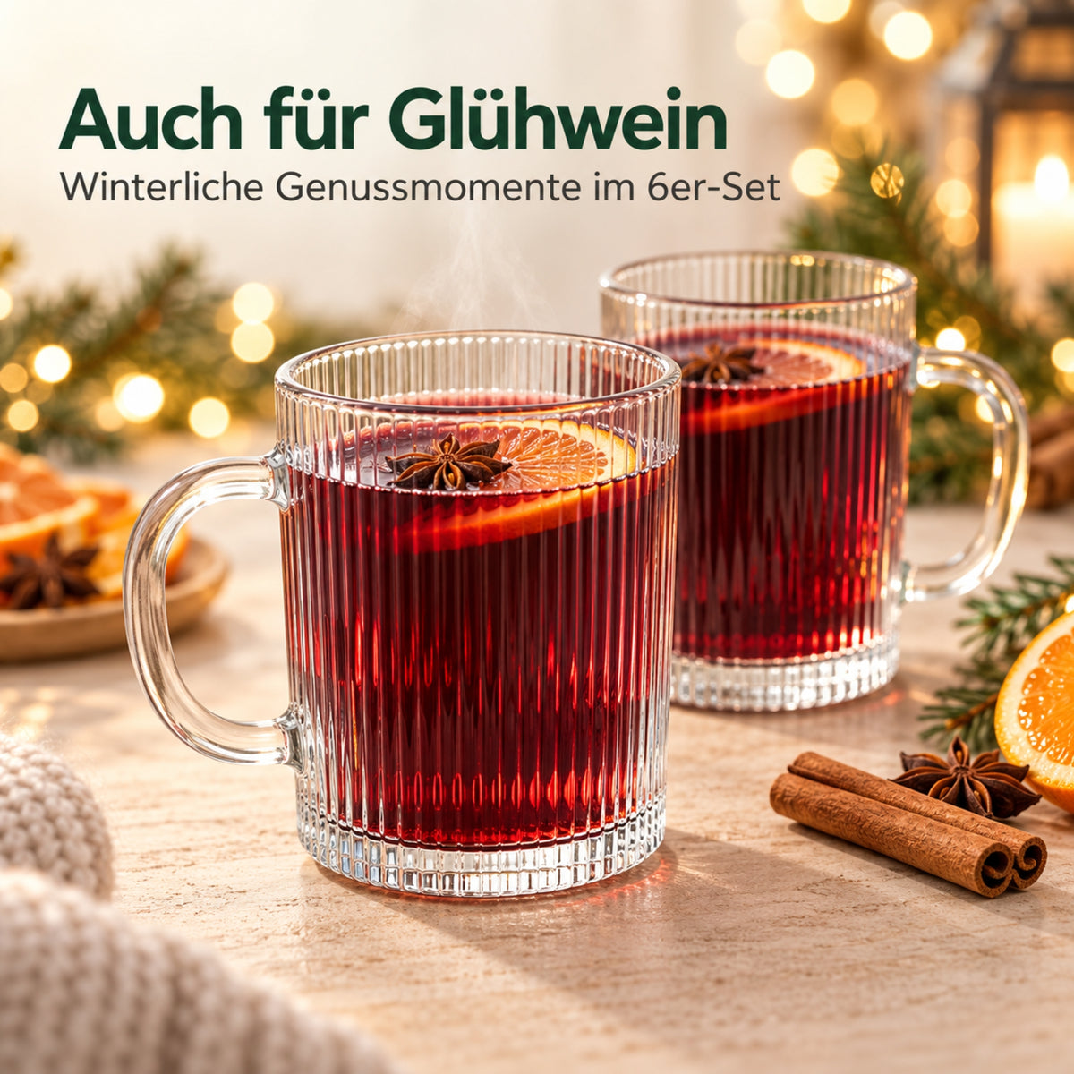 Teegläser 6er Set 350 ml – Geriffelte Glastassen mit Henkel für Glühwein, Kaffee & Tee, Matcha, Ube