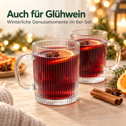 Teegläser 6er Set 350 ml – Geriffelte Glastassen mit Henkel für Glühwein, Kaffee & Tee, Matcha, Ube