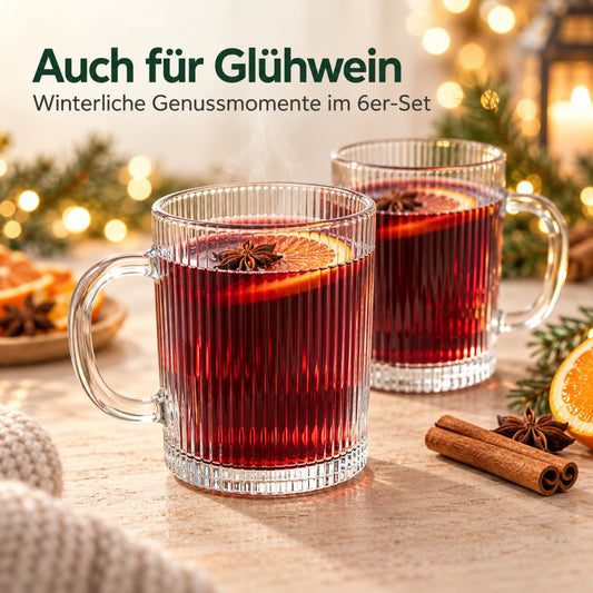 Teegläser 6er Set 350 ml – Geriffelte Glastassen mit Henkel für Glühwein, Kaffee & Tee, Matcha, Ube