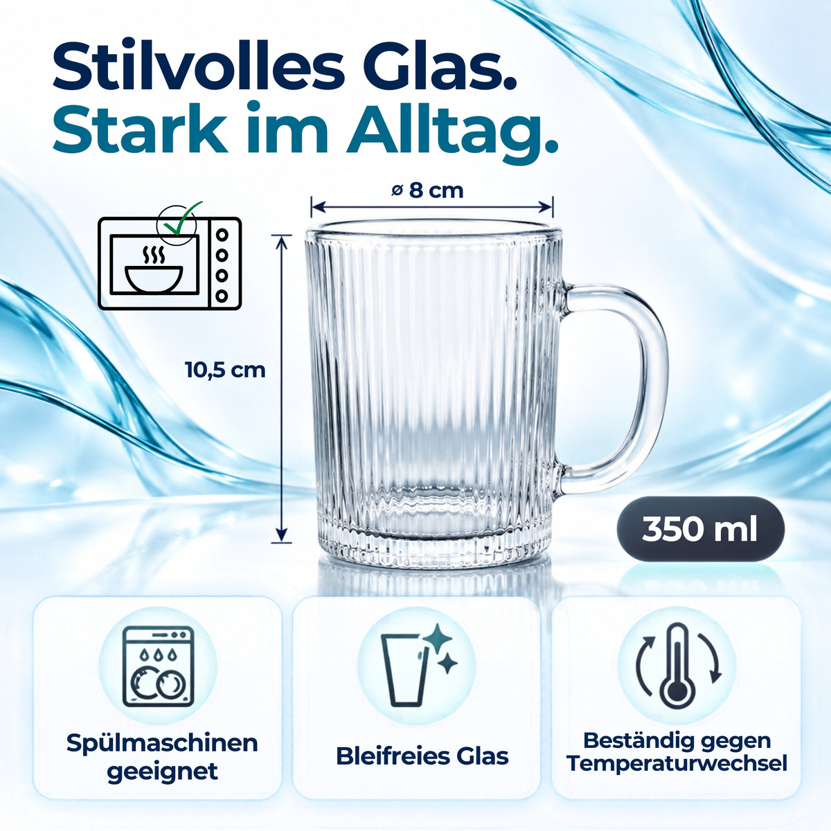 Teegläser 6er Set 350 ml – Geriffelte Glastassen mit Henkel für Glühwein, Kaffee & Tee, Matcha, Ube