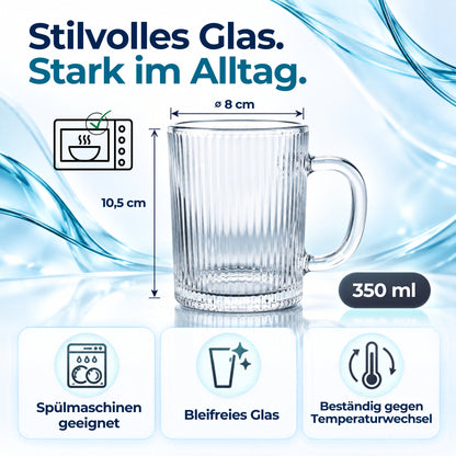 Teegläser 6er Set 350 ml – Geriffelte Glastassen mit Henkel für Glühwein, Kaffee & Tee, Matcha, Ube