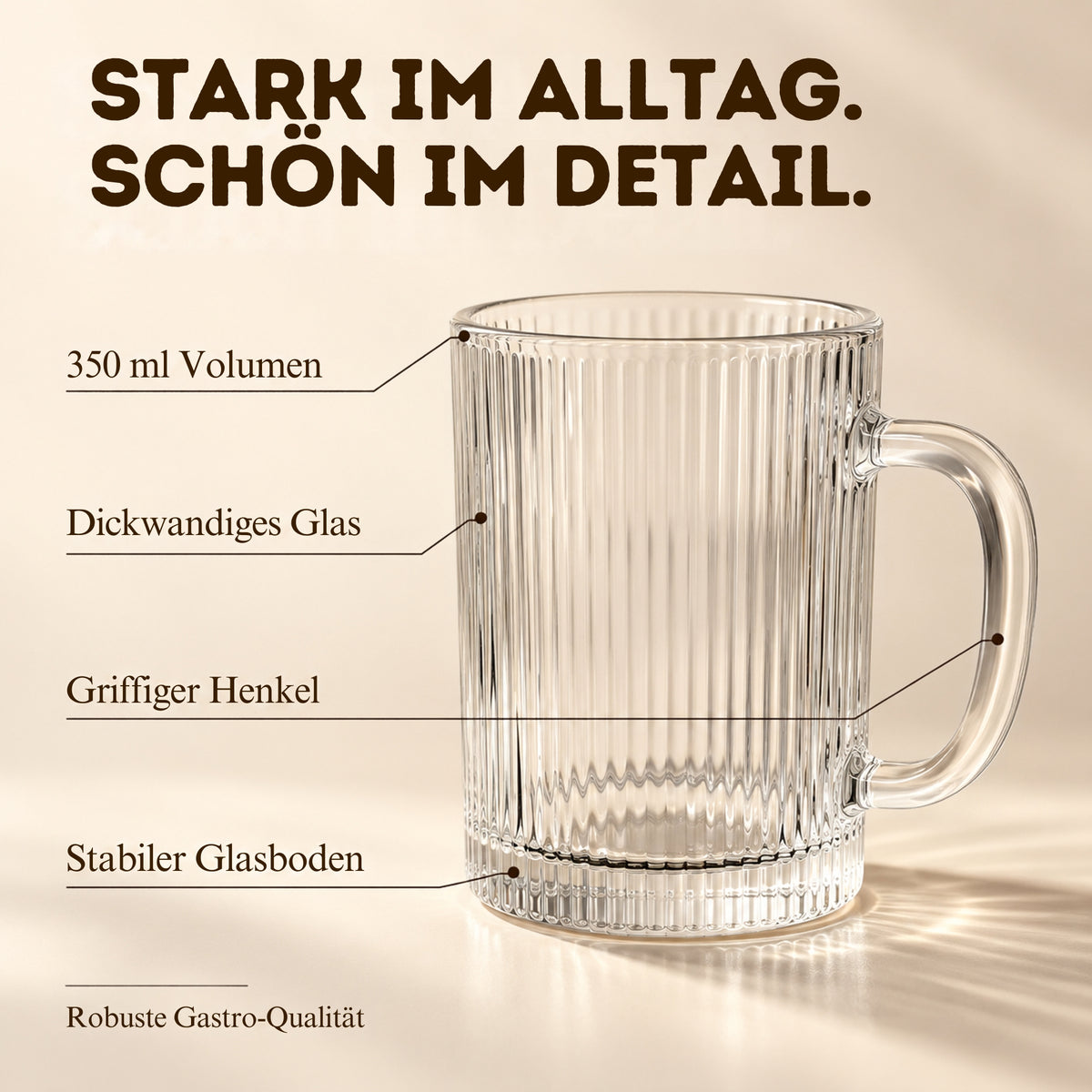 Teegläser 6er Set 350 ml – Geriffelte Glastassen mit Henkel für Glühwein, Kaffee & Tee, Matcha, Ube