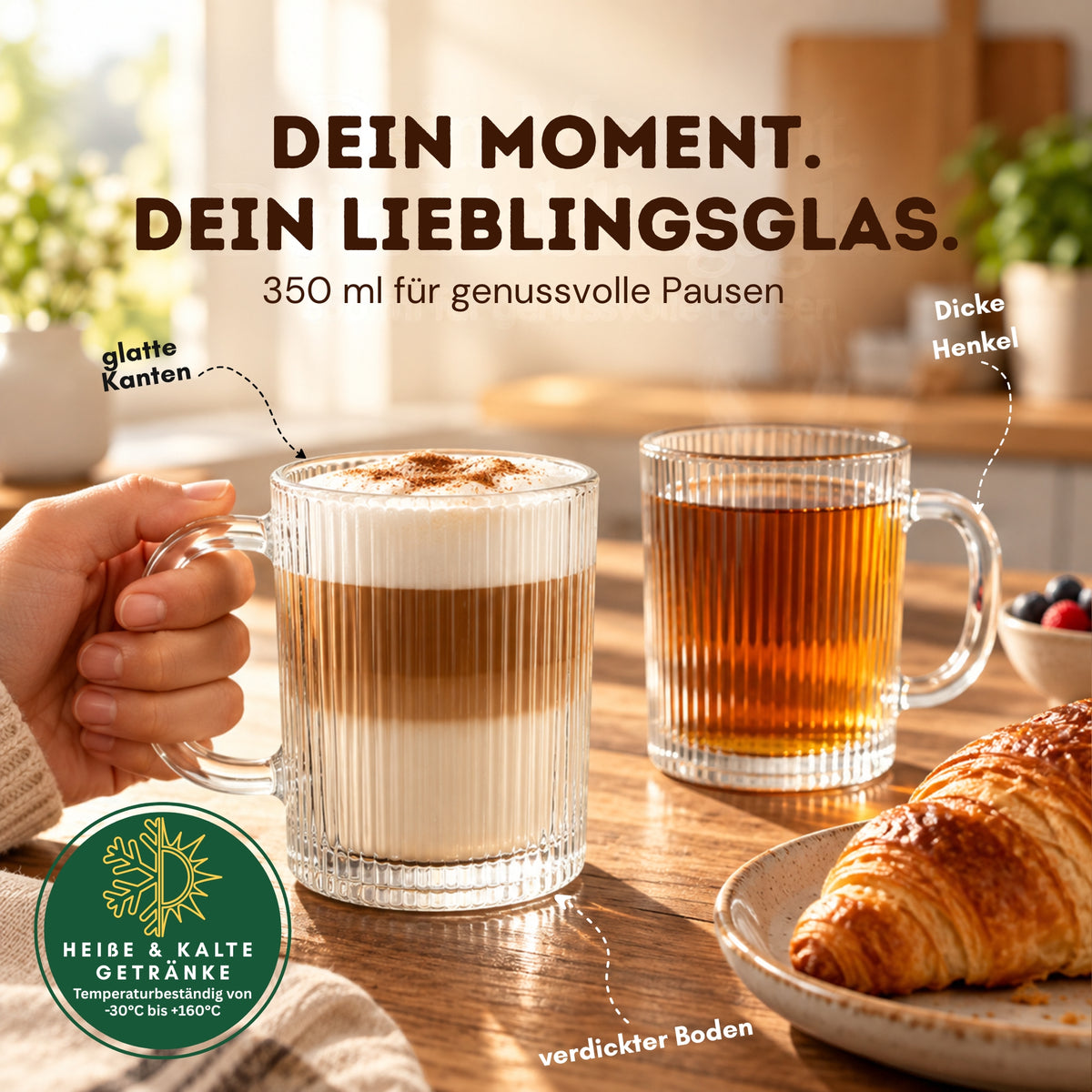 Teegläser 6er Set 350 ml – Geriffelte Glastassen mit Henkel für Glühwein, Kaffee & Tee, Matcha, Ube