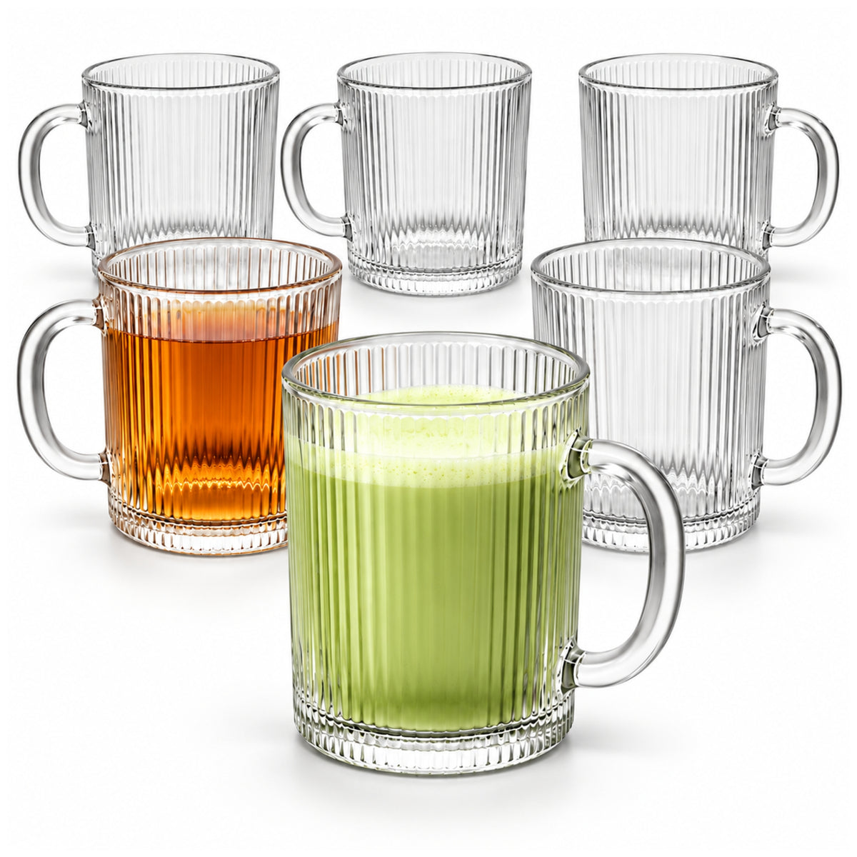 Teegläser 6er Set 350 ml – Geriffelte Glastassen mit Henkel für Glühwein, Kaffee & Tee, Matcha, Ube