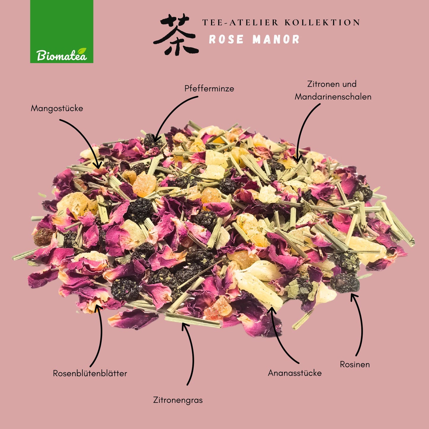 Rose Manor – Exotischer Blütentee mit Zitronengras, Rosenblüten & Mango (80g) – Tee-Atelier Edition