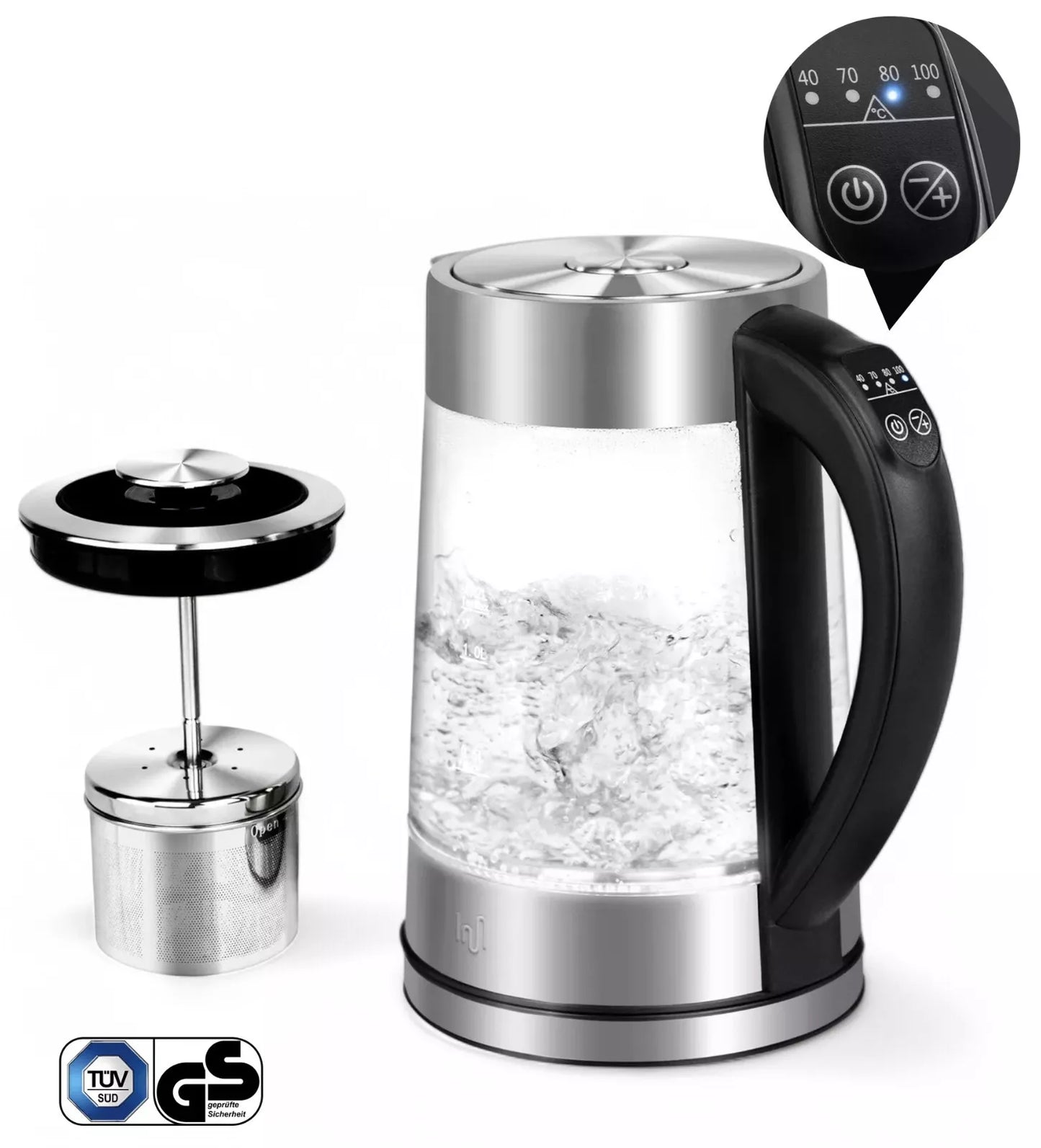 Maris Glas Wasserkocher 1,7L mit abnehmbares Teesieb Temperatureinstellung