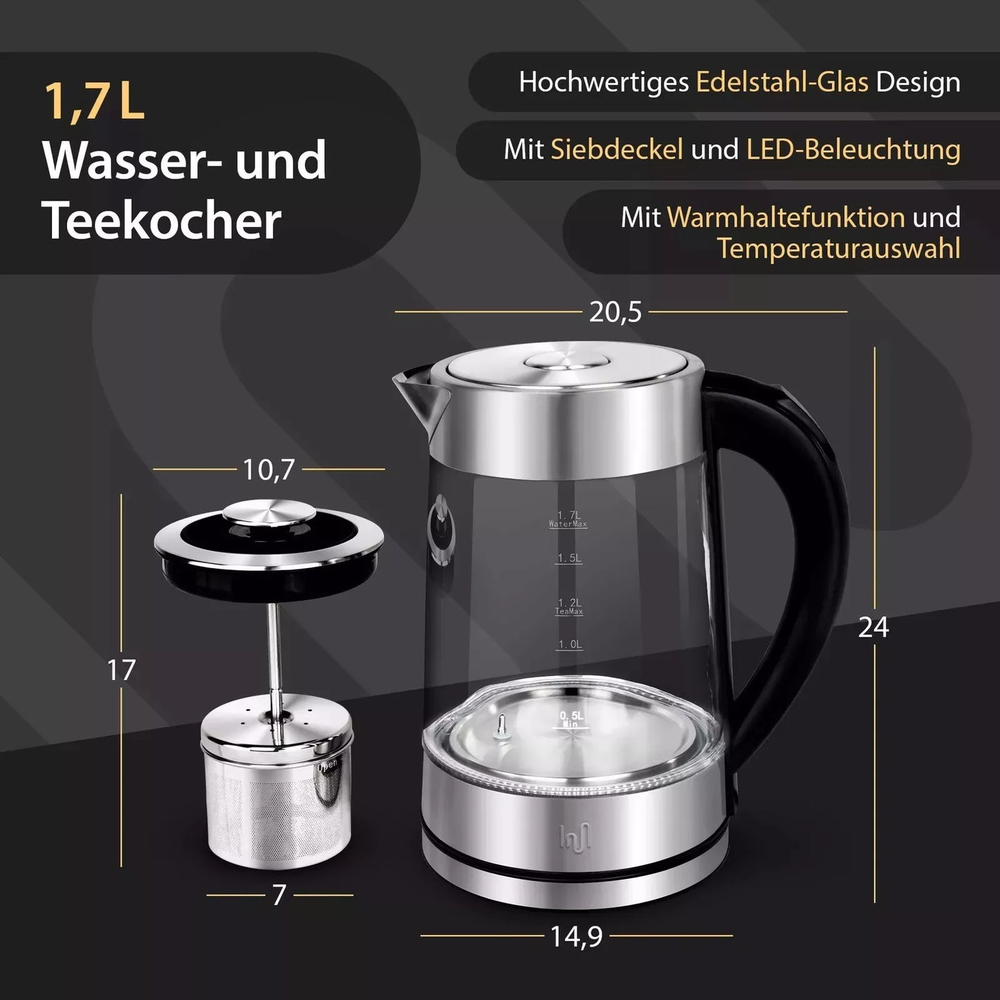 Maris Glas Wasserkocher 1,7L mit abnehmbares Teesieb Temperatureinstellung