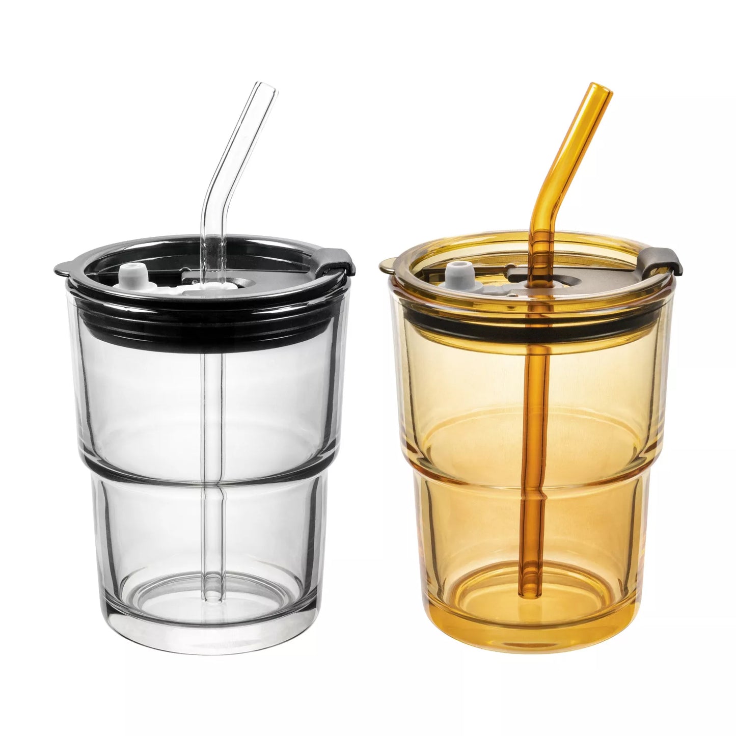 2er Set 400 ml Gläser Set | mit Glas Deckel und Strohhalm