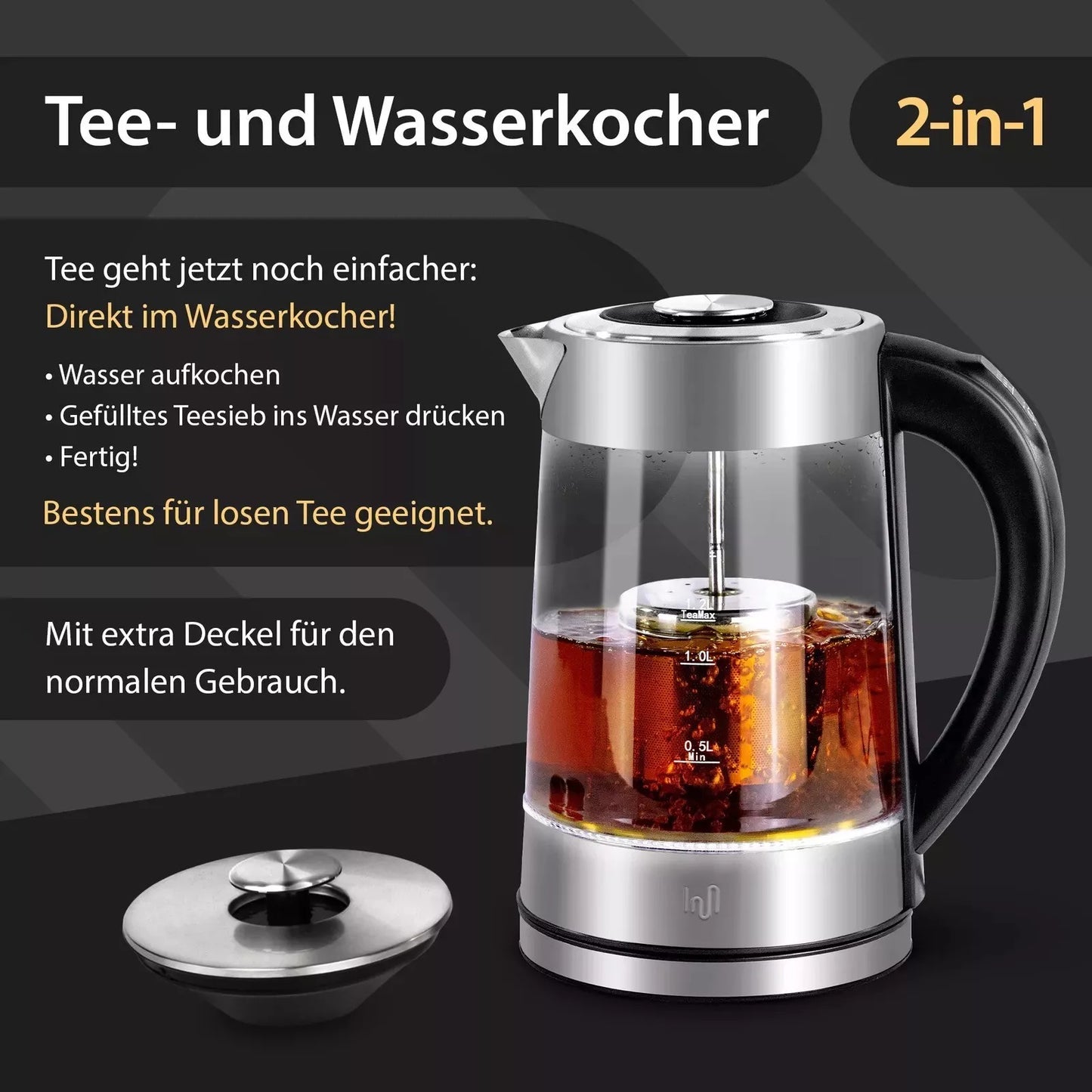 Maris Glas Wasserkocher 1,7L mit abnehmbares Teesieb Temperatureinstellung