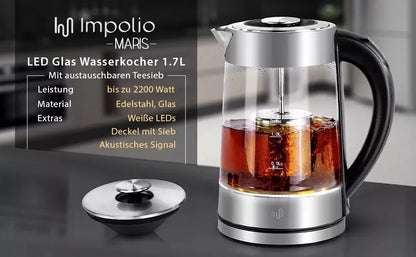 Maris Glas Wasserkocher 1,7L mit abnehmbares Teesieb Temperatureinstellung