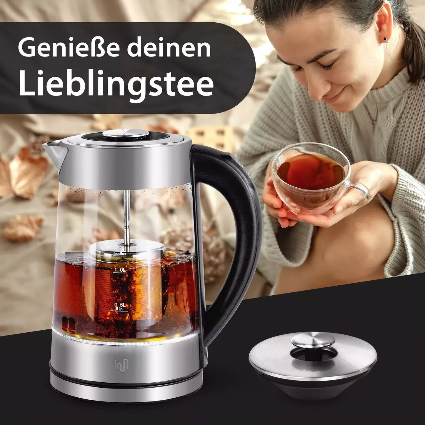 Maris Glas Wasserkocher 1,7L mit abnehmbares Teesieb Temperatureinstellung