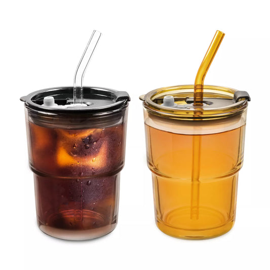 2er Set 400 ml Gläser Set | mit Glas Deckel und Strohhalm
