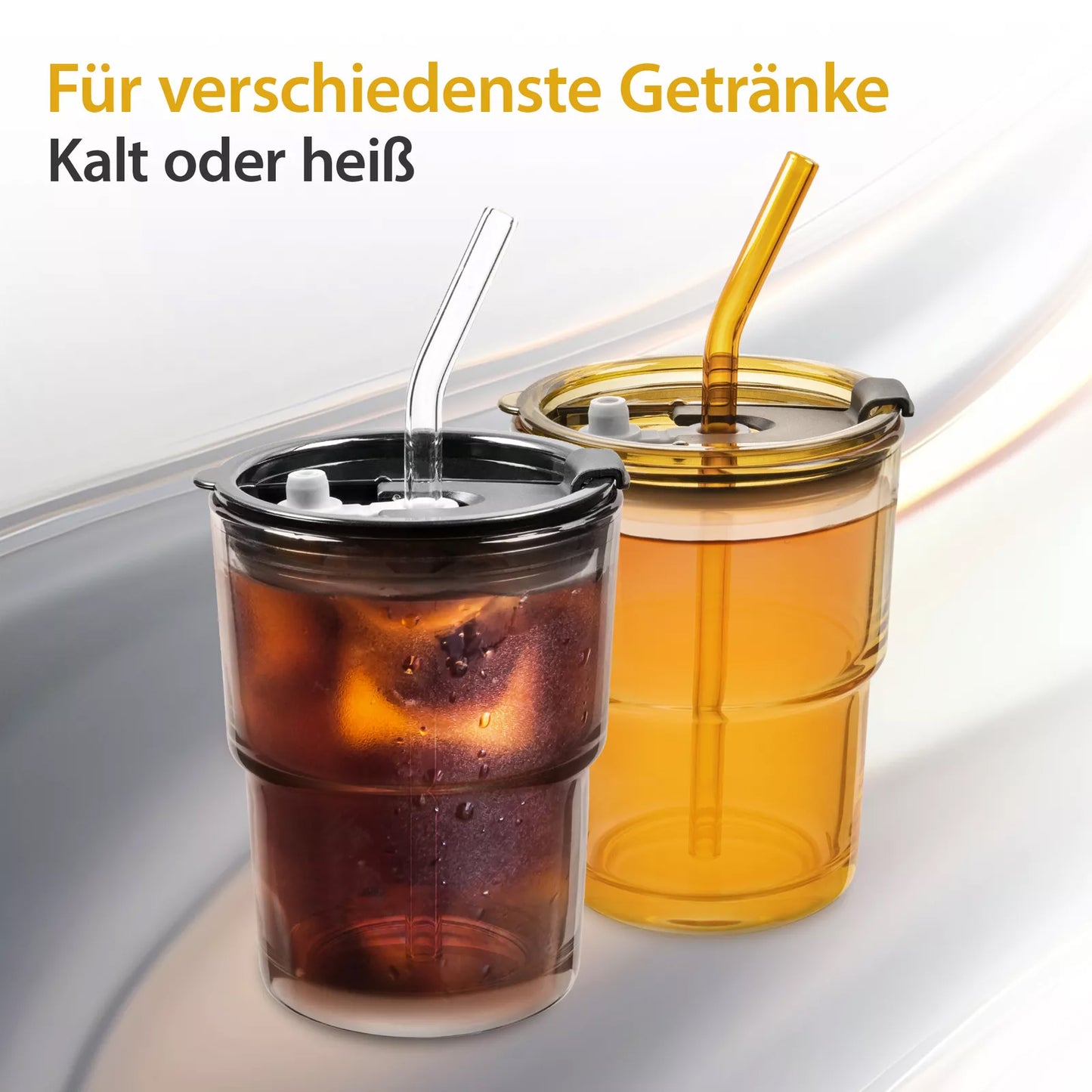 2er Set 400 ml Gläser Set | mit Glas Deckel und Strohhalm