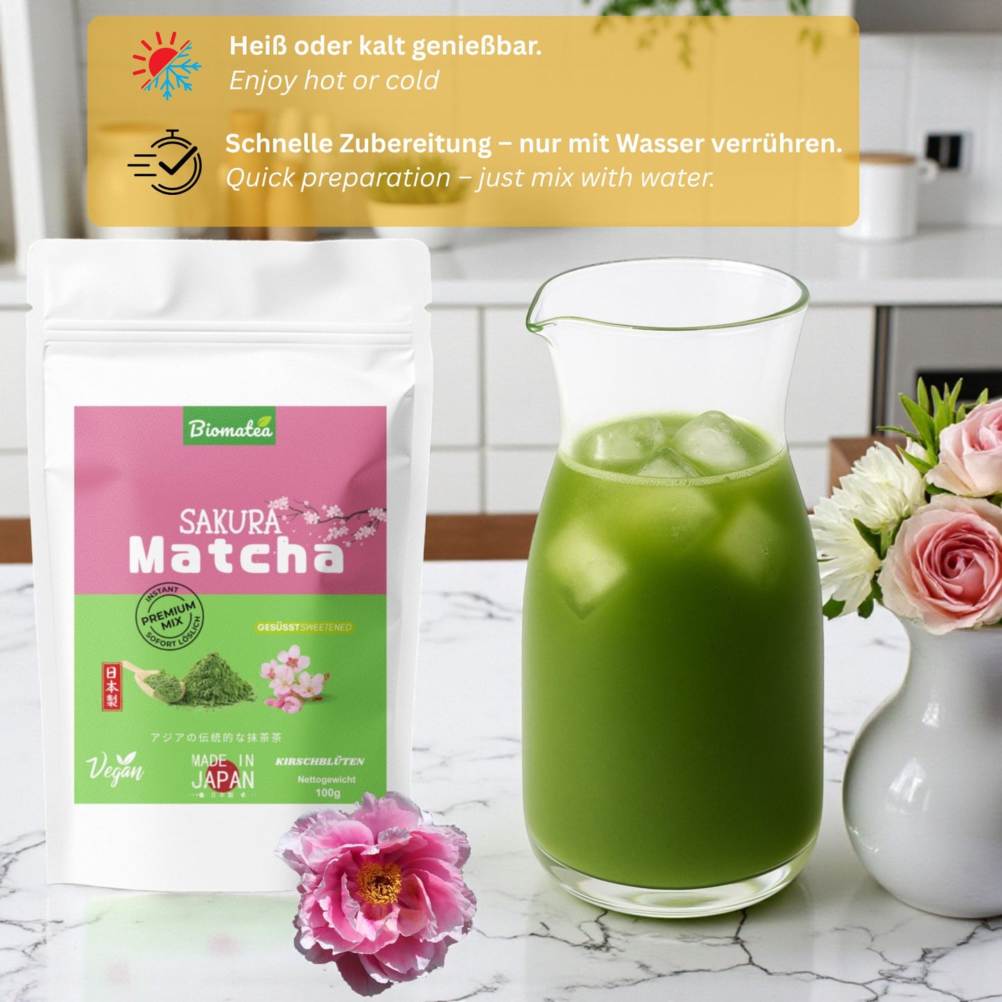 Japanischer Matcha Pulver mit Sakura Kirschblüten, gesüßt – 100g – Sofort löslich in Wasser oder Milch, trinkfertig