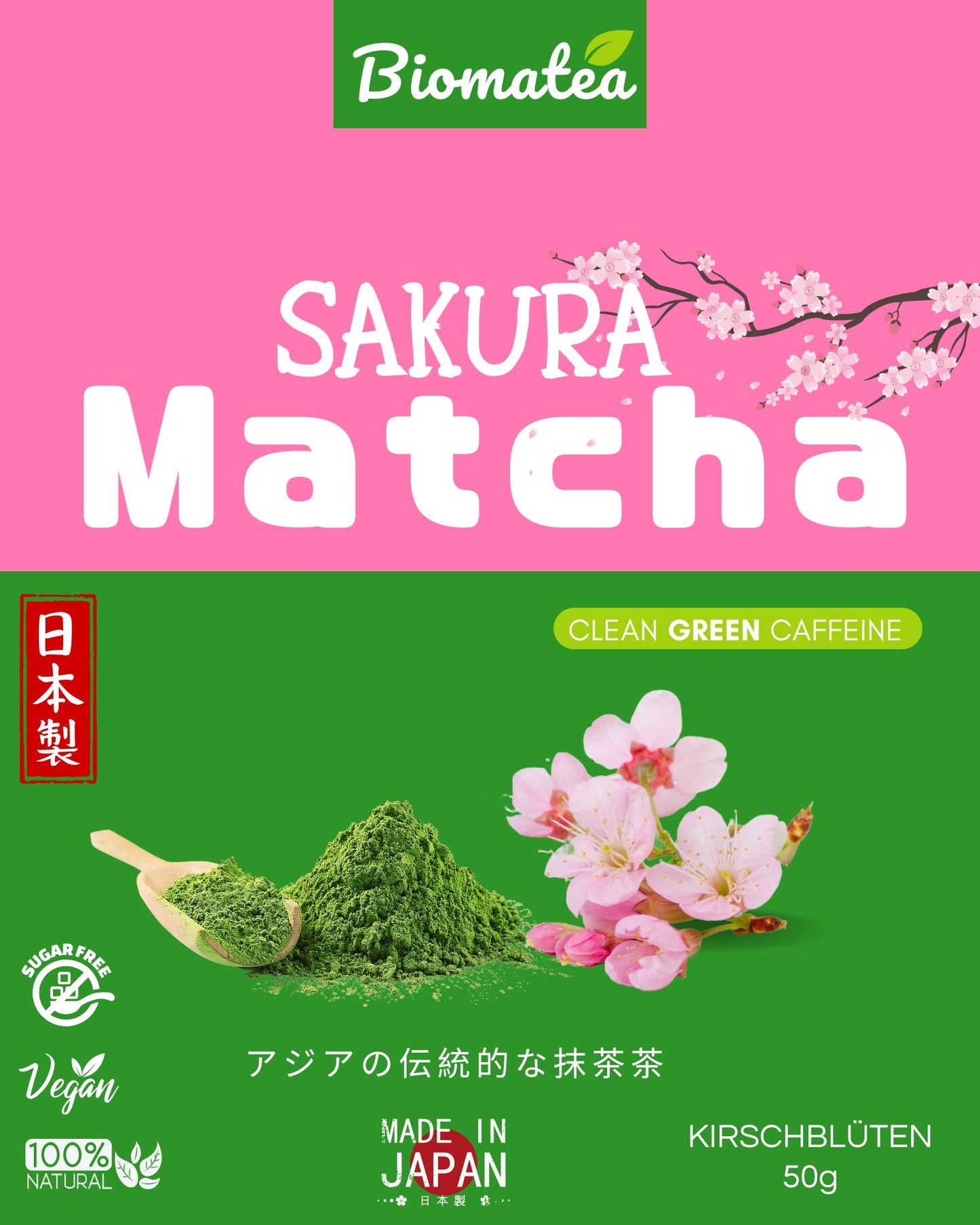 Biomatea Ceremonial Sakura Matcha, ohne Zucker, Matcha mit Kirschblüten, 50g