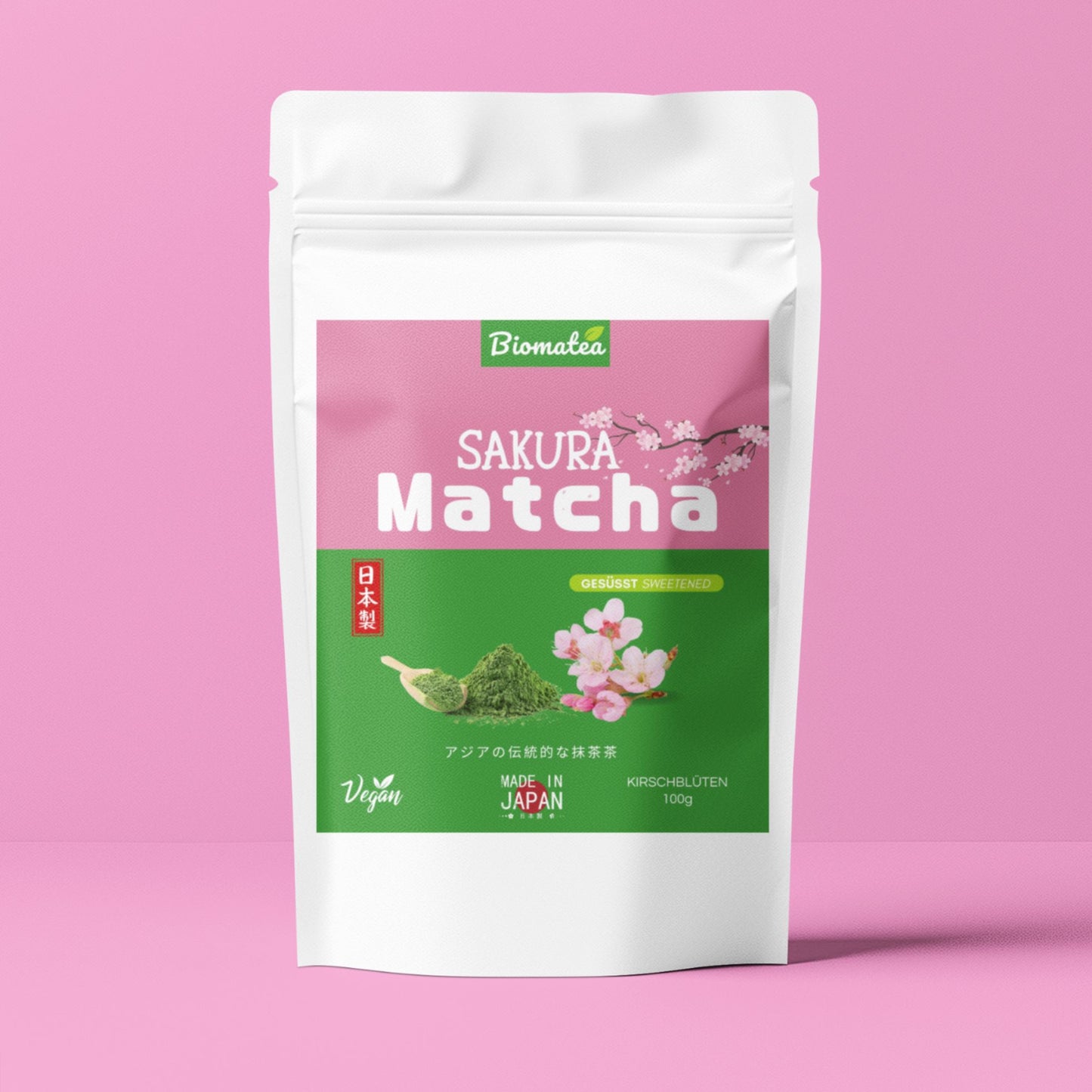 Biomatea Matcha mit Sakura & Mango & Pfirsich, aus Japan, mit Zucker, 100g