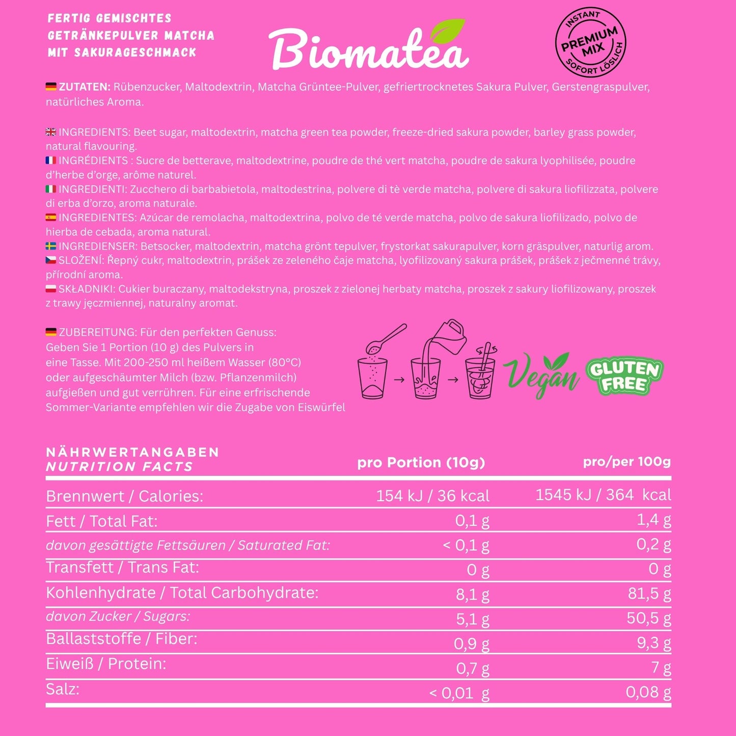 Japanischer Matcha Pulver mit Sakura Kirschblüten, gesüßt – 100g – Sofort löslich in Wasser oder Milch, trinkfertig