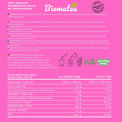 Japanischer Matcha Pulver mit Sakura Kirschblüten, gesüßt – 100g – Sofort löslich in Wasser oder Milch, trinkfertig