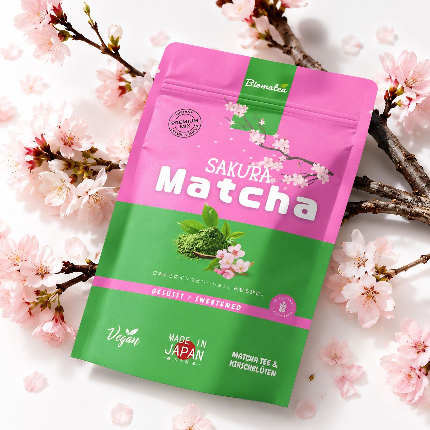 Japanischer Matcha Pulver mit Sakura Kirschblüten, gesüßt – 100g – Sofort löslich in Wasser oder Milch, trinkfertig