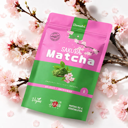 Japanischer Matcha Pulver mit Sakura Kirschblüten, gesüßt – 100g – Sofort löslich in Wasser oder Milch, trinkfertig