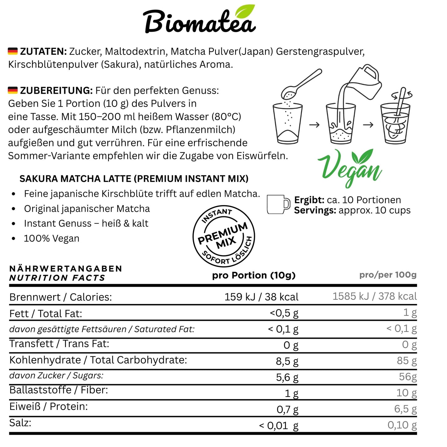 Japanischer Matcha Pulver mit Sakura Kirschblüten, gesüßt – 100g – Sofort löslich in Wasser oder Milch, trinkfertig