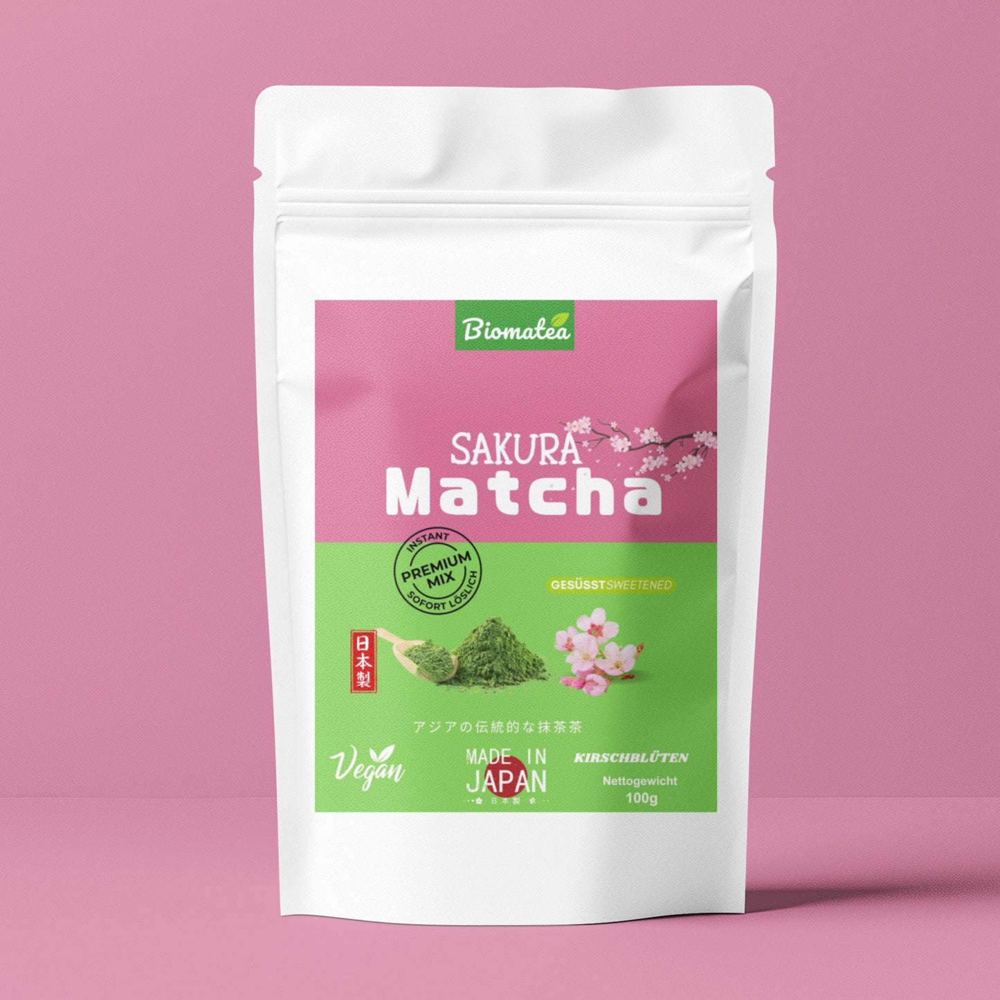 Japanischer Matcha Pulver mit Sakura Kirschblüten, gesüßt – 100g – Sofort löslich in Wasser oder Milch, trinkfertig