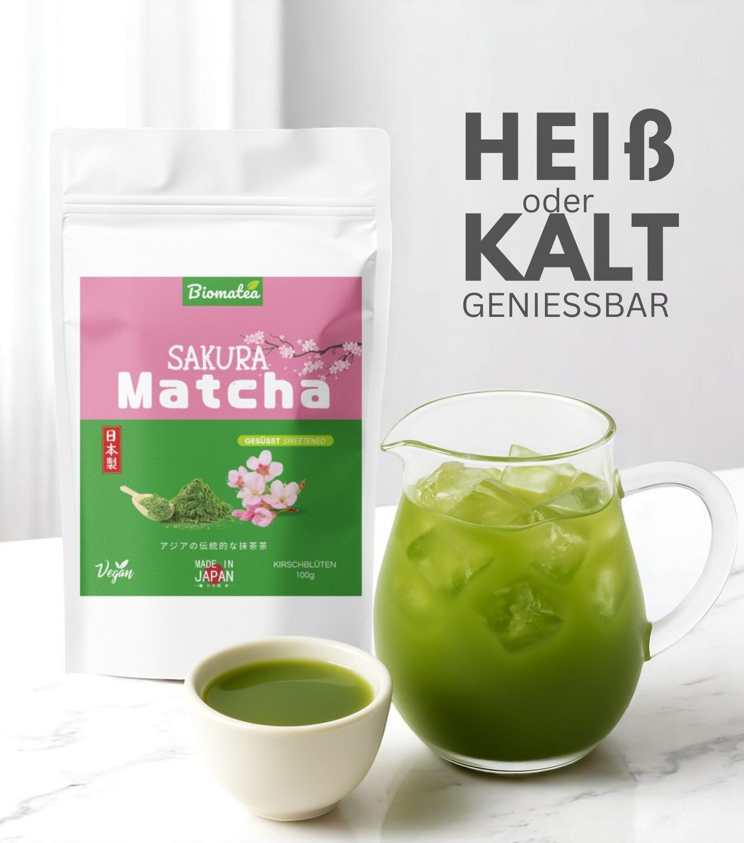 Biomatea Matcha mit Sakura & Mango & Pfirsich, aus Japan, mit Zucker, 100g
