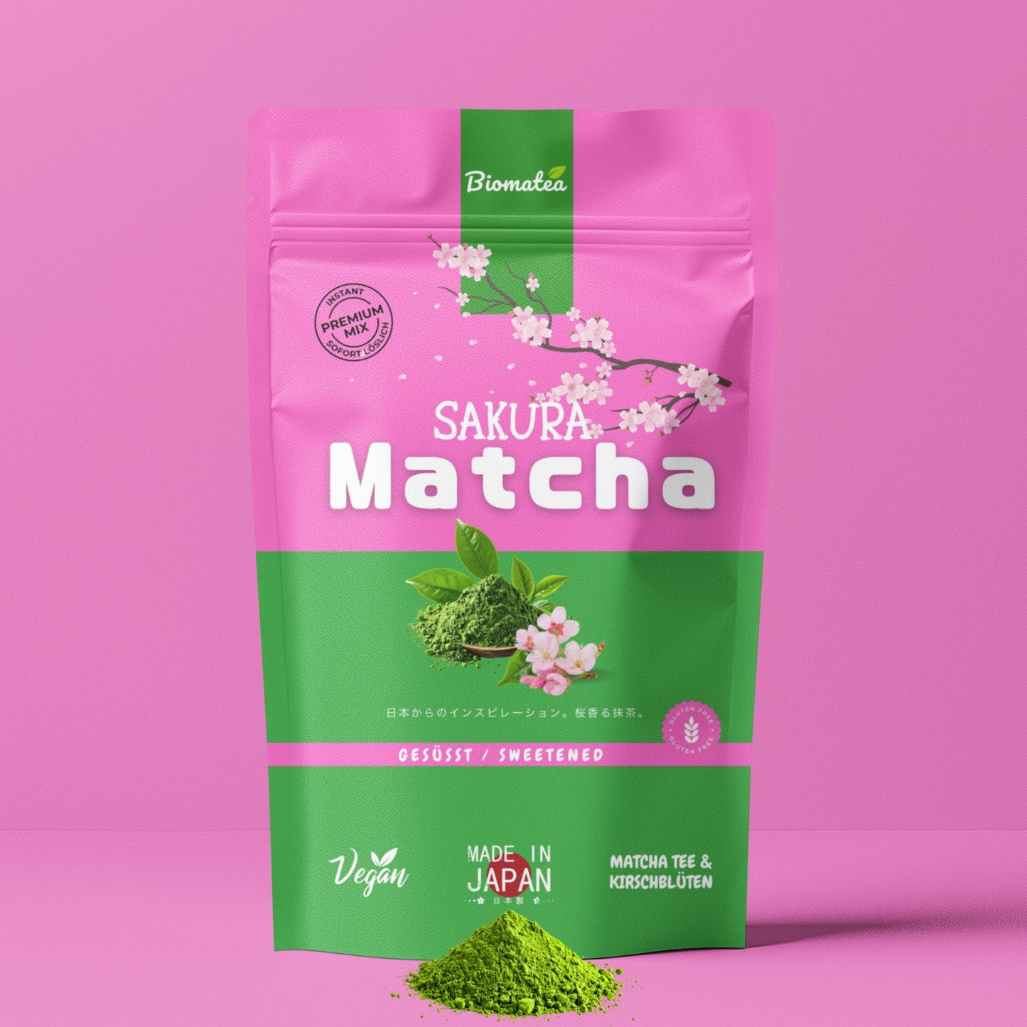 Japanischer Matcha Pulver mit Sakura Kirschblüten, gesüßt – 100g – Sofort löslich in Wasser oder Milch, trinkfertig