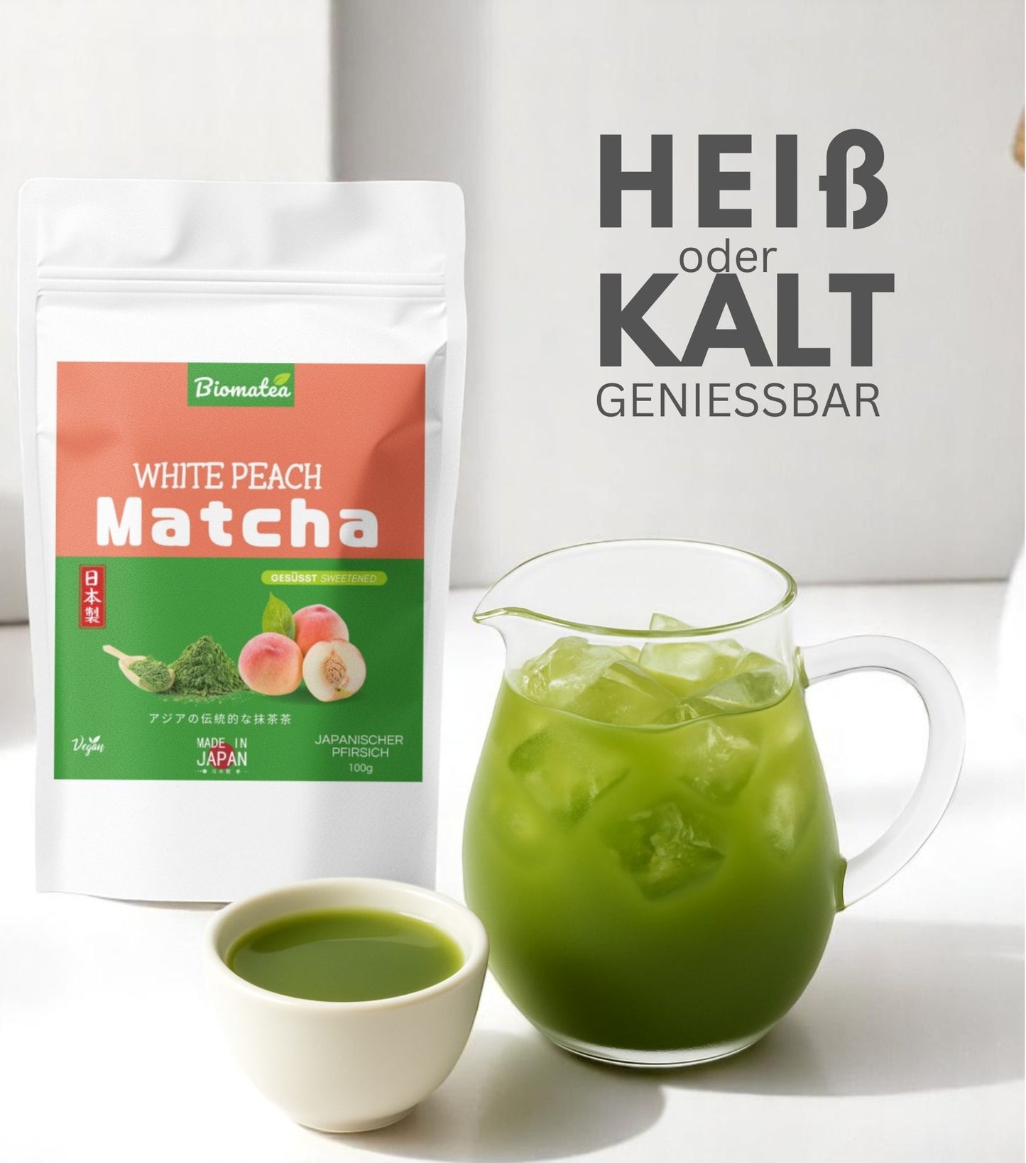 Biomatea Matcha mit Sakura & Mango & Pfirsich, aus Japan, mit Zucker, 100g