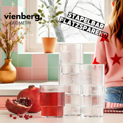 Vienberg Geometri Trinkgläser 515 ml, geriffelte Matcha Gläser für Eiskaffee, Cocktails, Säfte und Wasser, stapelbar, 3er oder 6er Set
