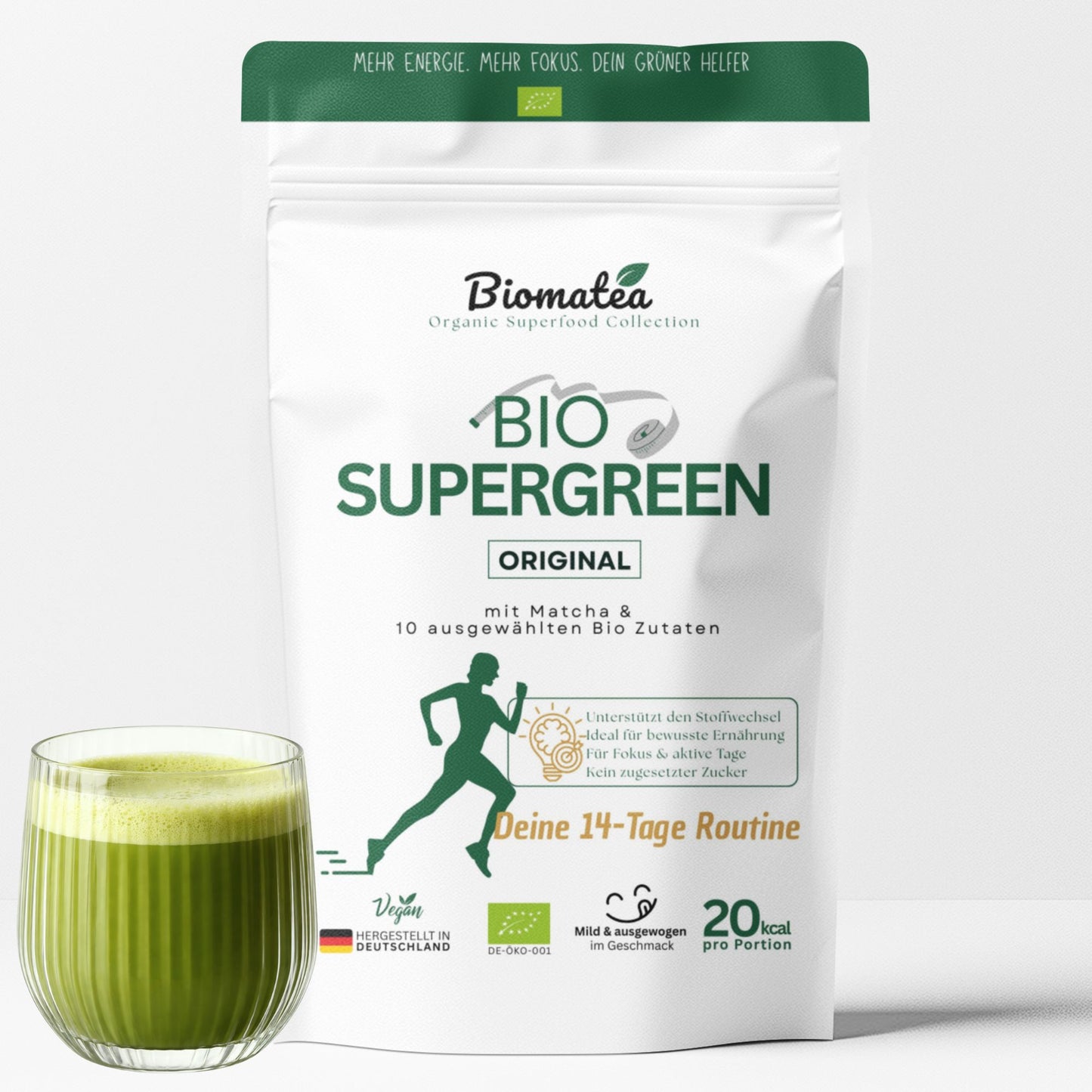 Bio Superfood Pulver Grün – Supergreen mit Matcha, Gerstengras, Weizengras, Moringa, Chlorella & Spirulina – Ballaststoffreich – Vegan, ohne Zuckerzusatz – 100 g