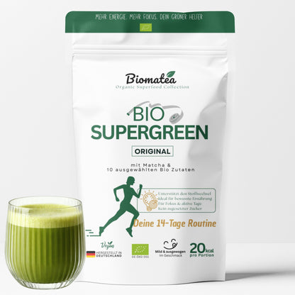 Bio Superfood Pulver Grün – Supergreen mit Matcha, Gerstengras, Weizengras, Moringa, Chlorella & Spirulina – Ballaststoffreich – Vegan, ohne Zuckerzusatz – 100 g