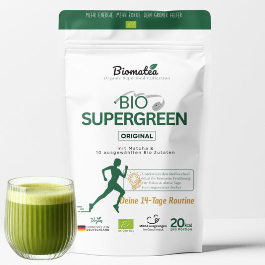 Bio Superfood Pulver Grün – Supergreen mit Matcha, Gerstengras, Weizengras, Moringa, Chlorella & Spirulina – Ballaststoffreich – Vegan, ohne Zuckerzusatz – 100 g
