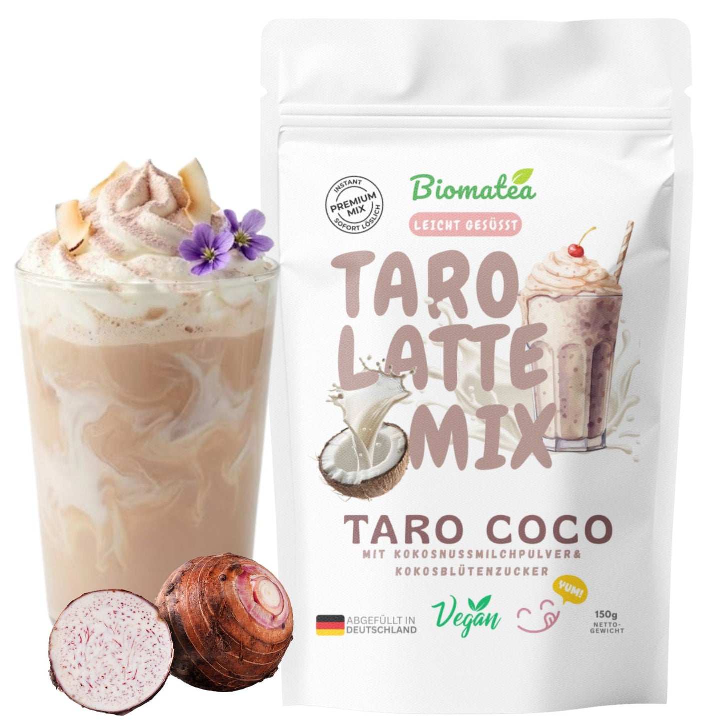 Biomatea Taro Coco Latte Mix – Vegan & Natürlich gesüßt mit Kokosblütenzucker, 150g