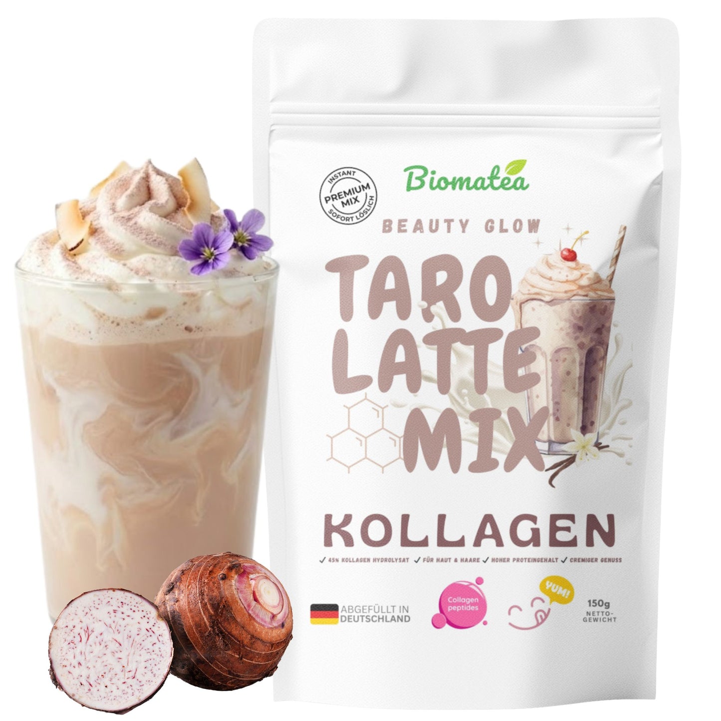 Biomatea Taro Kollagen Beauty Glow Mix – High Protein Latte für Haut & Haare, 150g