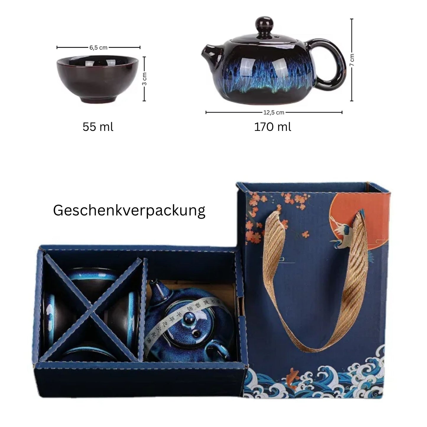 Keramik Teeset mit Kannen und 4 Tassen – Handgefertigtes Kung-Fu-Teeset mit Geschenkverpackung