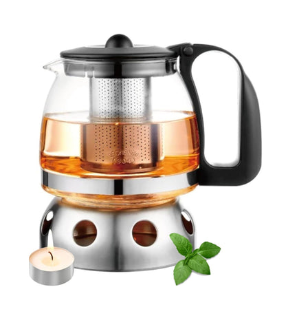 Glas Teekanne aus Glas mit Stövchen + Siebaufsatz, Hitzebeständig, herausnehmbaren Edelstahl Filter Sieb