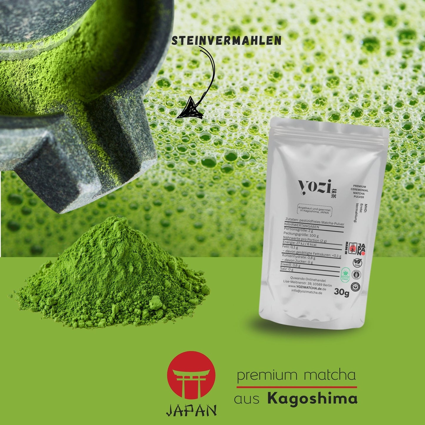 Yozi Premium ceremonial Matcha Pulver, 30g, inkl. Metall Geschenk-Etui, Pestizidfrei Matcha-Tee  aus Japan Kagoshima