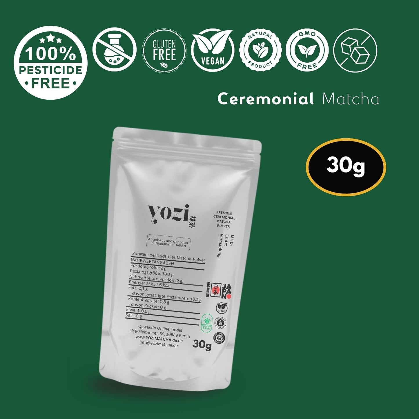 Yozi Premium ceremonial Matcha Pulver, 30g, inkl. Metall Geschenk-Etui, Pestizidfrei Matcha-Tee  aus Japan Kagoshima