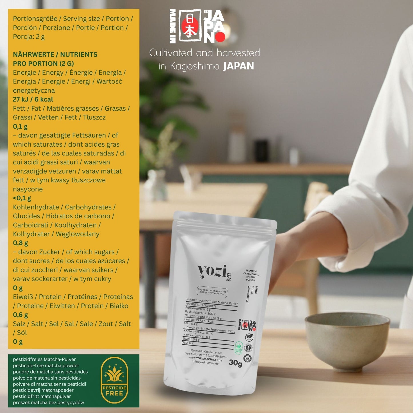 Yozi Premium ceremonial Matcha Pulver, 30g, inkl. Metall Geschenk-Etui, Pestizidfrei Matcha-Tee  aus Japan Kagoshima