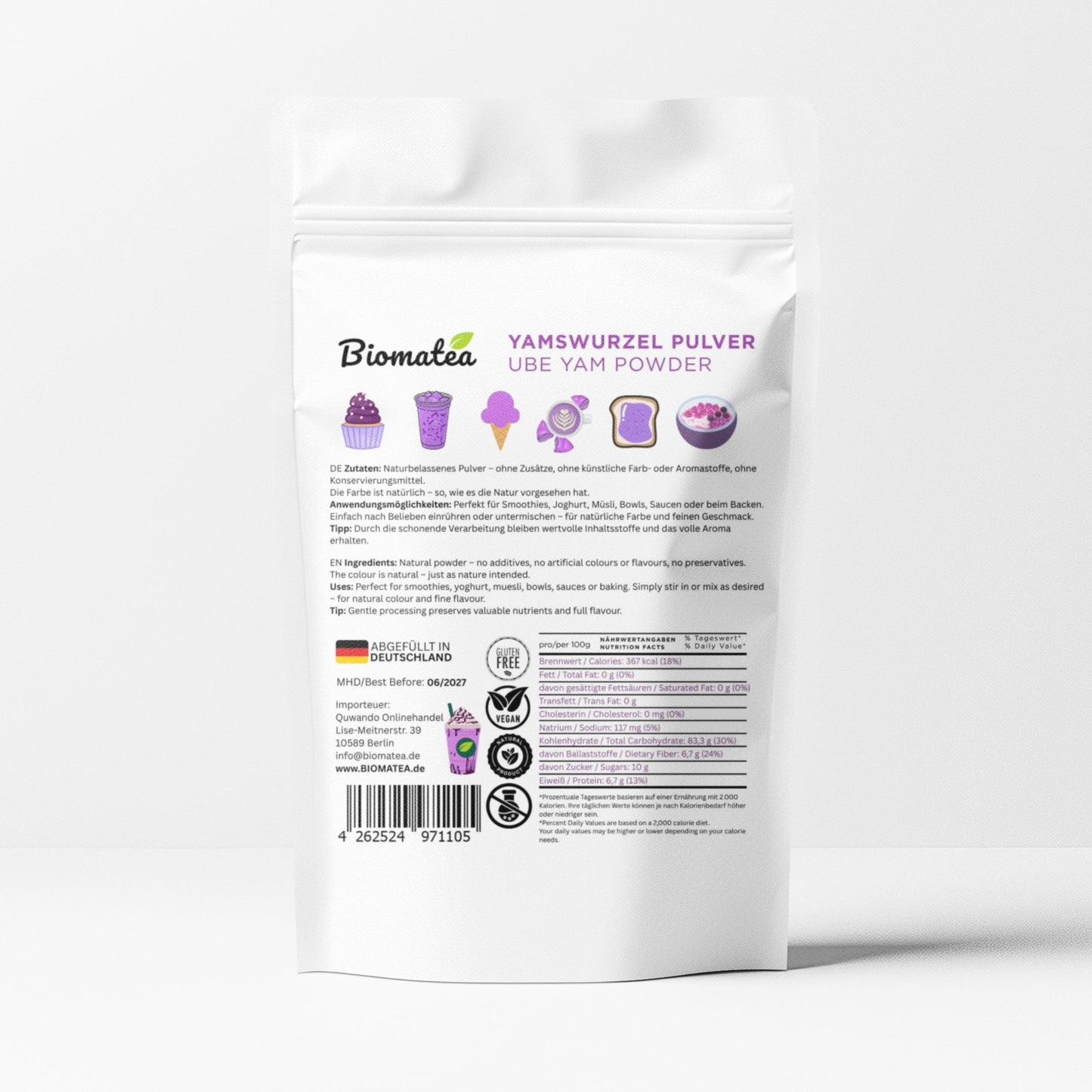 Lila Yamswurzel-Pulver, Ube powder, Natur Lila Süßkartoffelpulver, 100 g gemahlen