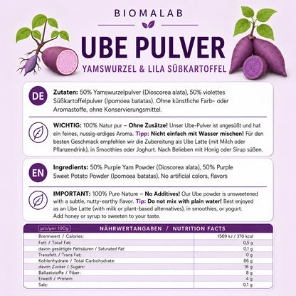 Biomalab Ube Pulver 140g Dose – 100% Natürliche Yamswurzel & Lila Süßkartoffel – Premium Purple Yam Powder – Vegan, Glutenfrei & Ohne Zuckerzusatz