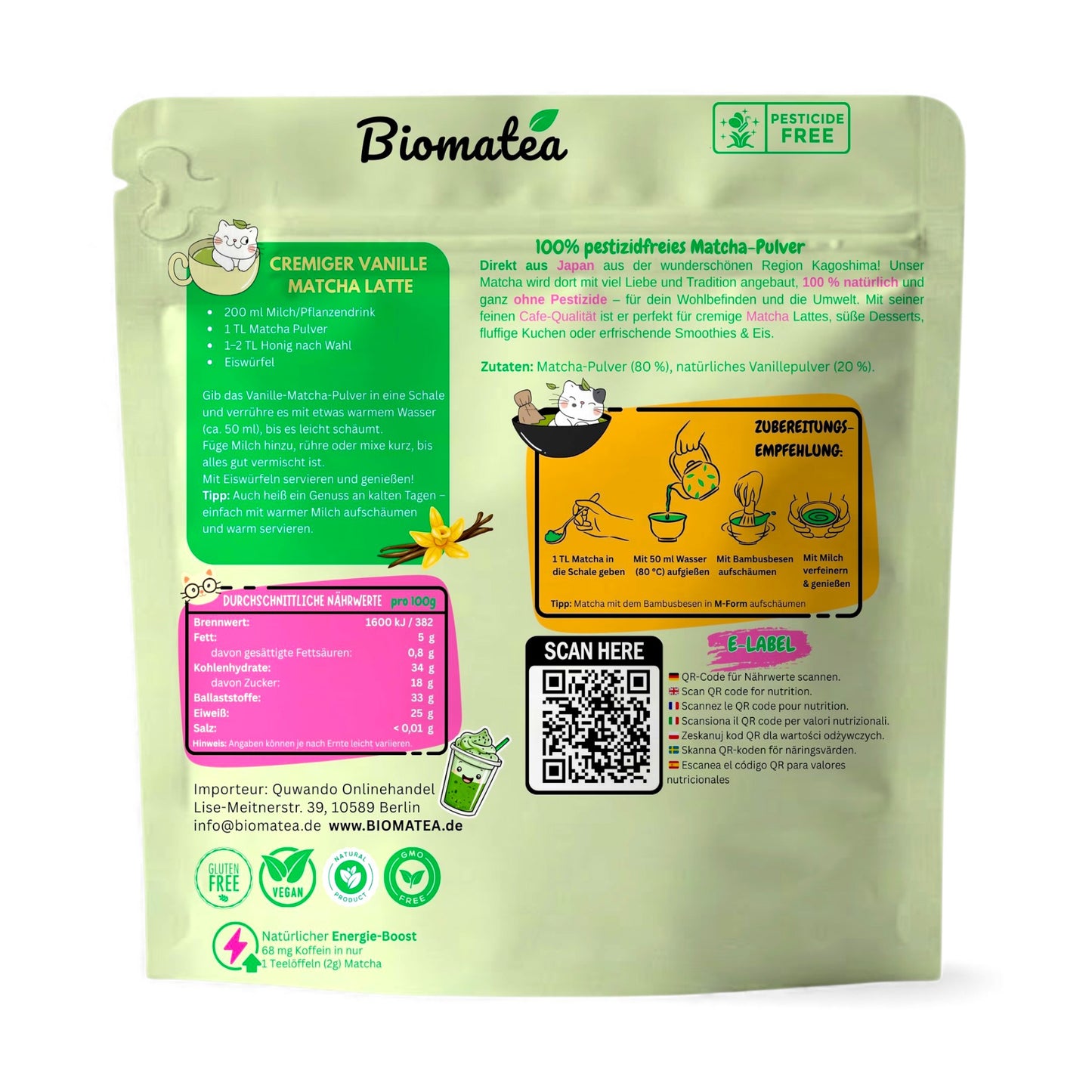 Matcha Love, 50 g japanischer Matcha Tee Pulver mit Bourbon Vanille Geschmack