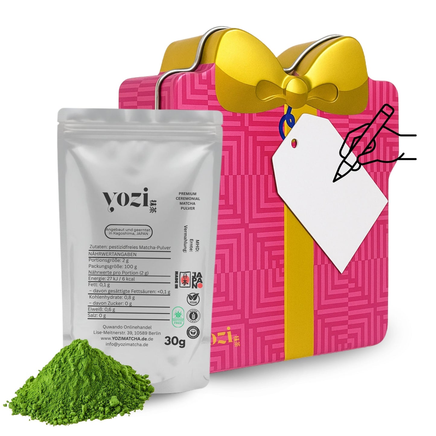 Yozi Premium ceremonial Matcha Pulver, 30g, inkl. Metall Geschenk-Etui, Pestizidfrei Matcha-Tee  aus Japan Kagoshima