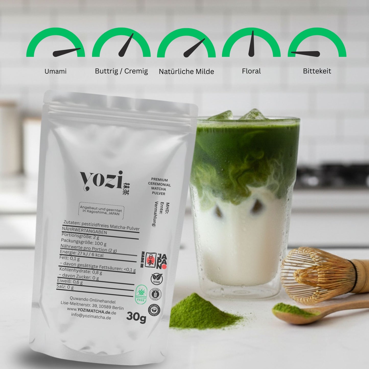 Yozi Premium ceremonial Matcha Pulver, 30g, inkl. Metall Geschenk-Etui, Pestizidfrei Matcha-Tee  aus Japan Kagoshima