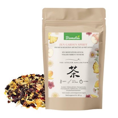 Zen Garden Spirit – Meditativer Früchtetee mit Lotusblättern & Mango (80g) – Tee-Atelier Edition